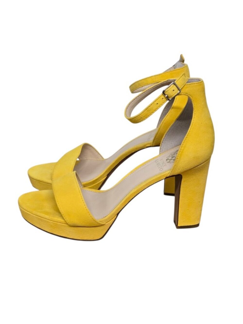 Vince Camuto 10M Sathina Yellow Suede Ankle Strap Sandals Block Heels Coquettte